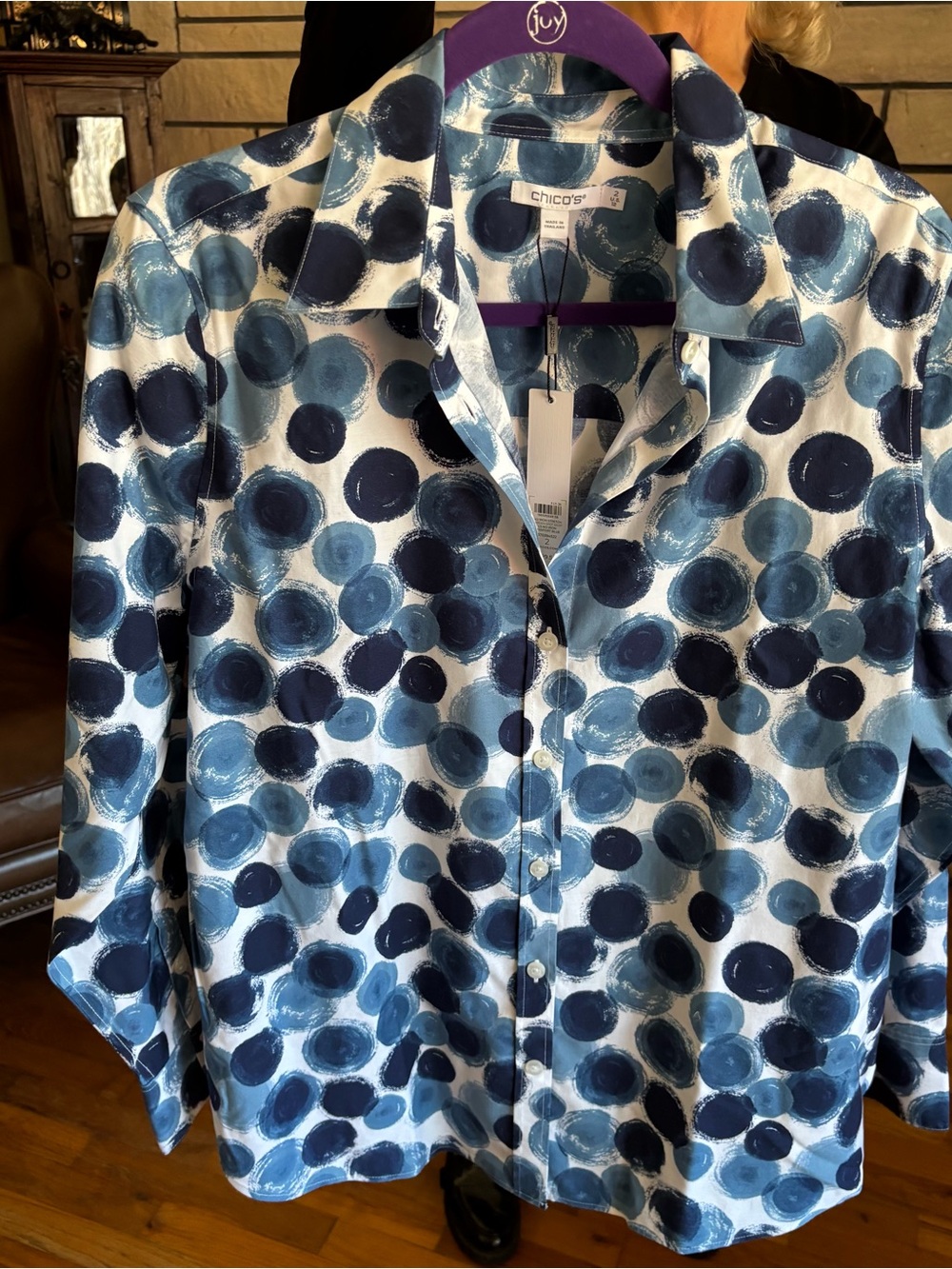 Chico's Navy and Light Blue Polka Dot Button-Down Shirt